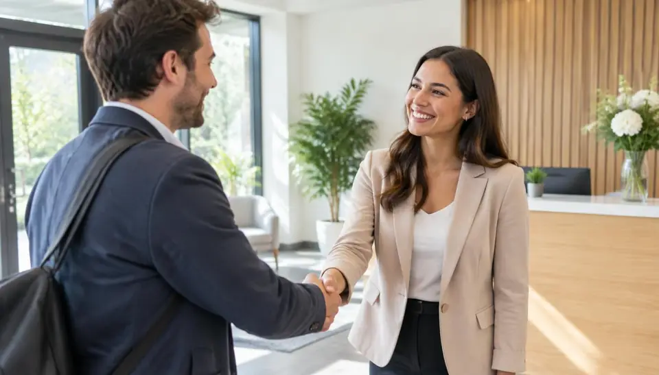 Professionals discussing business strategy in a modern office