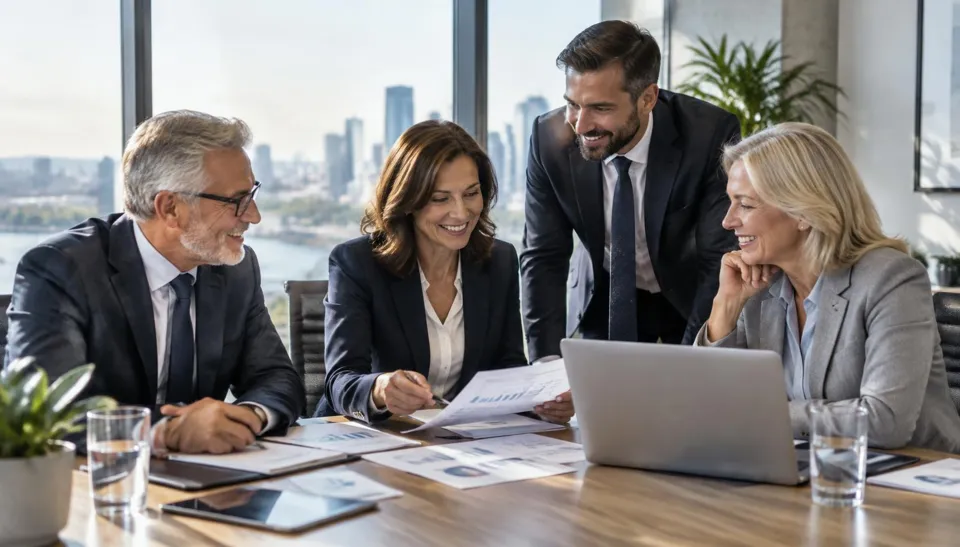 Senior executives reviewing revenue analysis in a boardroom